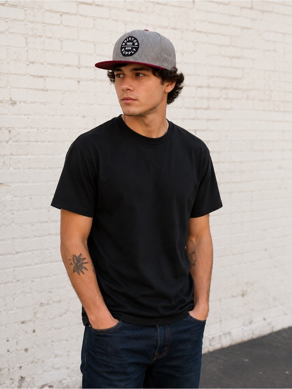 Brixton Trade Mark Supply Snapback Hat Gray Red Adjustable Flat Brim Cap